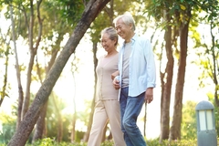 Senior adults from Singapore walking outside