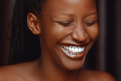 woman smiling with mouth open and white teeth showing