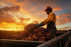 palm oil plantation worker harvesting fruit