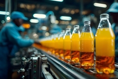 Image Orange bottles on a beverage line.