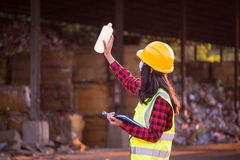 A person wearing a yellow hard hat and a safety vest holding a bottle