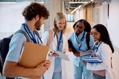 four multicultural medical students in a group smiling