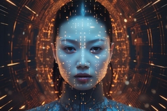 Image woman's face with data points and technology halo