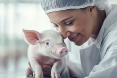 Image woman in lab coat gently holds a piglet, showcasing the bond between humans and animals