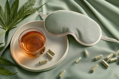 Image Cannabis sleeping products next to a sleep mask and tea mug