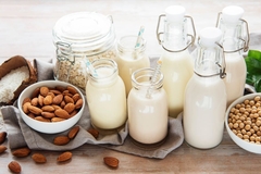 Image collection of soy, almond, coconut milk in bottles