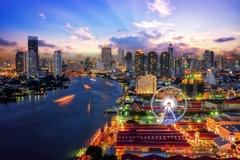 Image bangkok city line with buildings, ferris wheel, and river