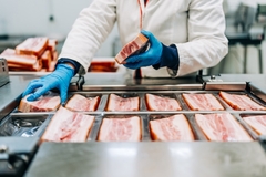 Image Factory worker lays out pork cuts on production line.