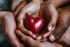 A close-up shot captures diverse hands cradling a vibrant red heart