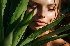 A woman behind an aloe plant.