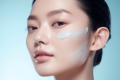 Image An Asian girl with swipes of lotion on her face.