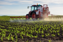 Image Tractor spraying fertilizer in a field.
