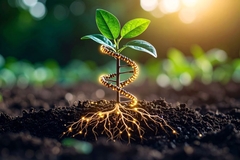 Image a Cross-Section of Soil Showing Plant Roots Transforming into DNA Helixes