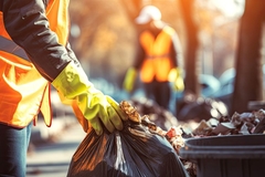 Image A person in yellow gloves picking up garbage
