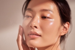 Image A woman with dewy skin touching her cheek.