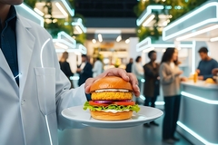 Image Scientist holding plant-based burger.
