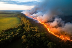 Fire burns on deforested land.
