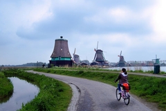 Image woman biking in field with dutch wind mills