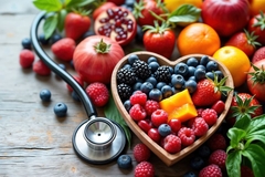 Image berries and fruit in heart shaped bowl