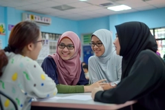 4 school girls talking in class on desk