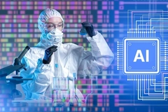 Image AI logo near female scientist with microscope