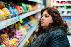 Image fat woman with an embarrassed look on her face in a supermarket in front of a shelf with sweets