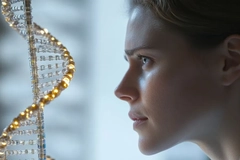 Image woman looking at holographic DNA strand