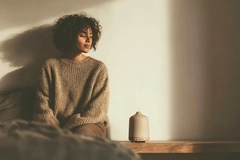 A woman sitting on the ground next to a diffuser.