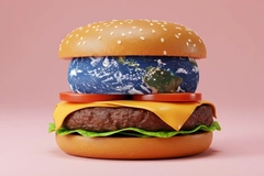 Image cheeseburger with planet Earth as a patty, symbolizing overconsumption and ecological issues