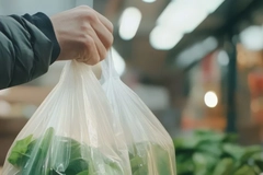 Image A person holding a plastic bag with vegetable