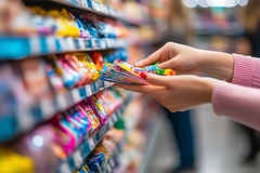 Women shopping for sweet treats in supermarket.