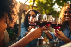Image A group of women cheersing with red wine.