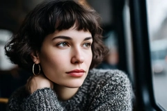 A girl with a bob looking away.