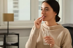Image A woman taking a supplement while wearing a beige sweater and sitting on a couch.