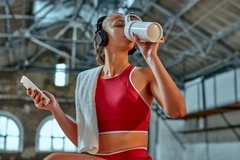 Image A woman sits on a bench in gym and drinks from a protein shake while listening to music