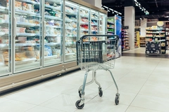 Image Empy shopping cart in the frozen food aisle.