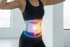 Image Healthy Gut diagram over, Happy Fit Woman Showcasing Digestive Wellness