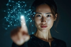 Image woman interacting with holographic data points