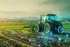 Image tractor in field with data network symbols