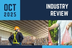 Recyclate in facility and person holding plastic bags.