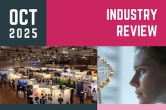 Image A picture of a tradeshow floor with booths next to a picture of a woman's face.