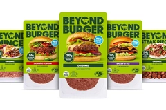 Image Beyond Meat packaging on supermarket shelf.