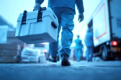 Image Man carrying vaccines in box.