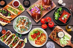 Image healthy plant based vegetarian food on brown table