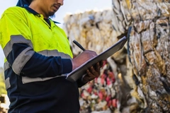 Image man with clipboard next to waste dump