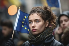 Image woman standing with EU flag in streets
