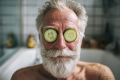 Image old man wearing cucumbers on his eyes in bathttub