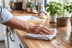person wiping a kitchen counter