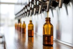 Image A group of bottles being poured into a row of taps