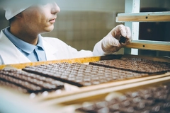 Image scientist with small chocolate candies inside factory